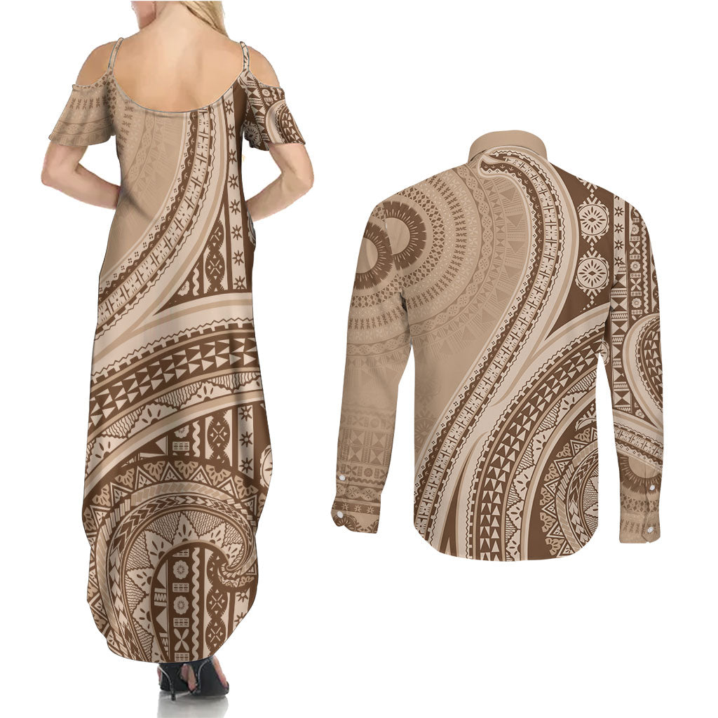 Bula Fiji Vintage Tapa Couples Matching Summer Maxi Dress and Long Sleeve Button Shirt Kaivity Masi Wave Motifs - Mocha