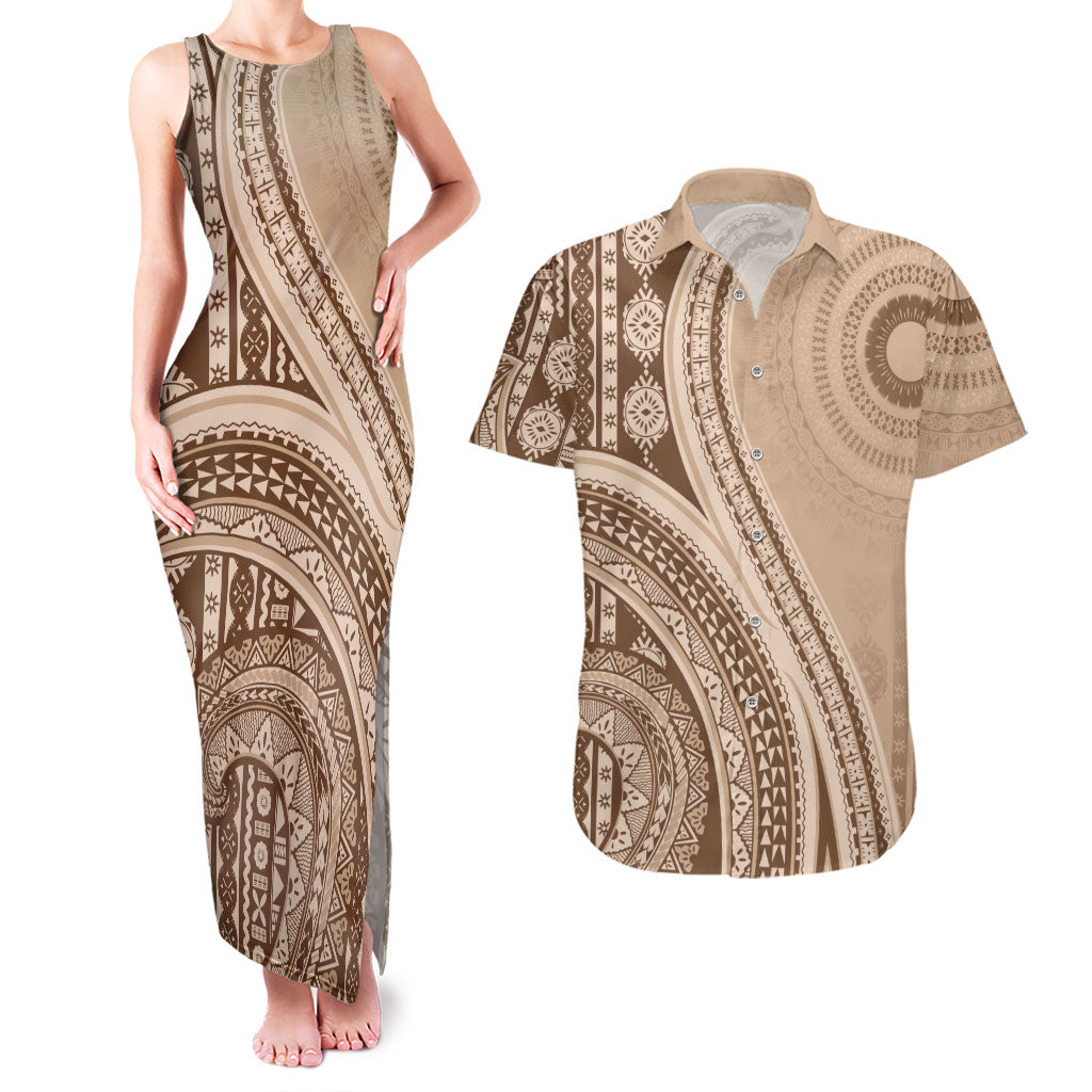 Bula Fiji Vintage Tapa Couples Matching Tank Maxi Dress and Hawaiian Shirt Kaivity Masi Wave Motifs - Mocha LT7 Beige - Polynesian Pride