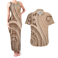 Bula Fiji Vintage Tapa Couples Matching Tank Maxi Dress and Hawaiian Shirt Kaivity Masi Wave Motifs - Mocha LT7 Beige - Polynesian Pride