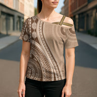 Bula Fiji Vintage Tapa Cross Shoulder Shirt Kaivity Masi Wave Motifs - Mocha
