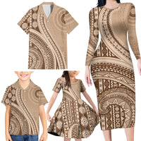 Bula Fiji Vintage Tapa Family Matching Long Sleeve Bodycon Dress and Hawaiian Shirt Kaivity Masi Wave Motifs - Mocha LT7 - Polynesian Pride