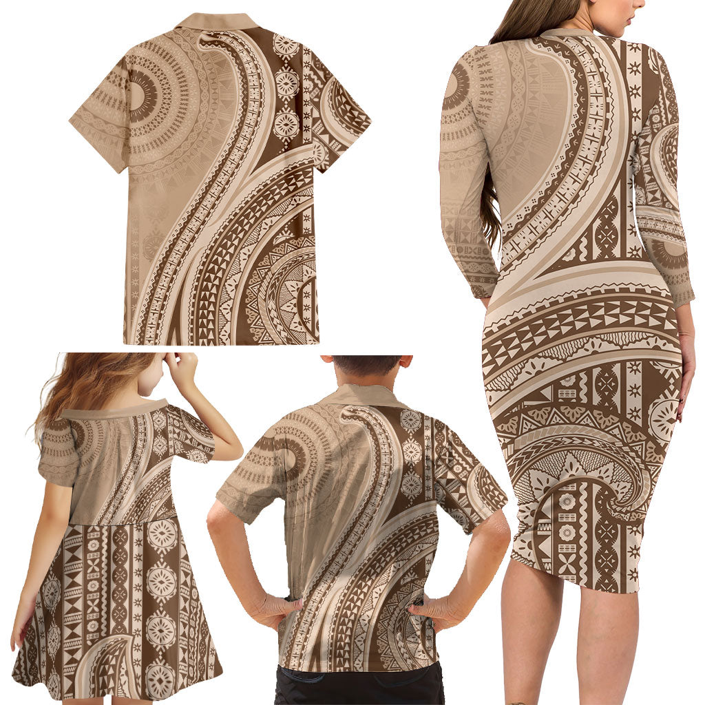 Bula Fiji Vintage Tapa Family Matching Long Sleeve Bodycon Dress and Hawaiian Shirt Kaivity Masi Wave Motifs - Mocha LT7 - Polynesian Pride