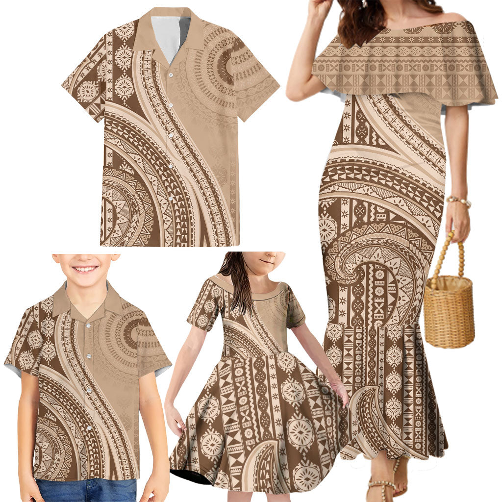 Bula Fiji Vintage Tapa Family Matching Mermaid Dress and Hawaiian Shirt Kaivity Masi Wave Motifs - Mocha LT7 - Polynesian Pride