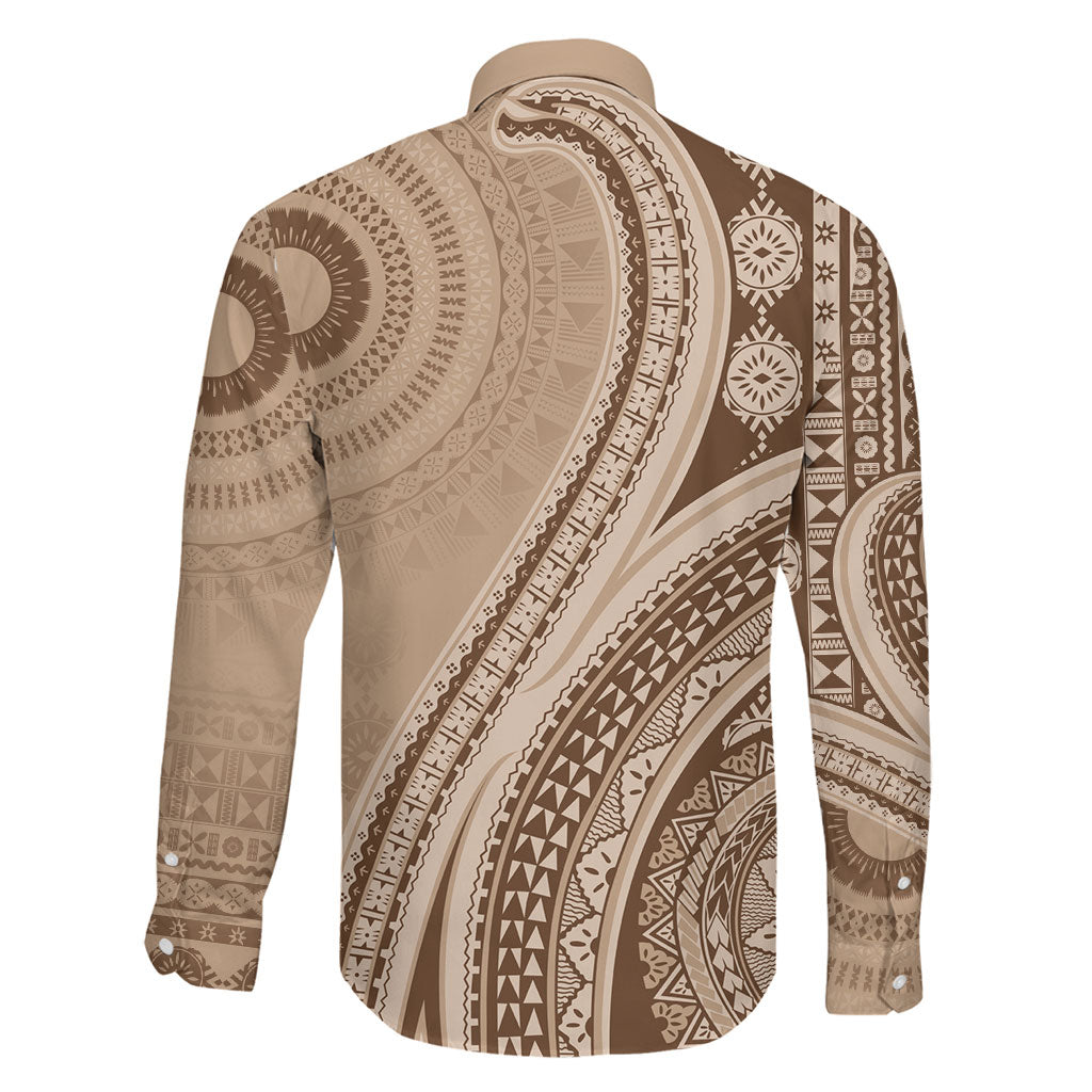 Bula Fiji Vintage Tapa Family Matching Off The Shoulder Long Sleeve Dress and Hawaiian Shirt Kaivity Masi Wave Motifs - Mocha LT7 - Polynesian Pride