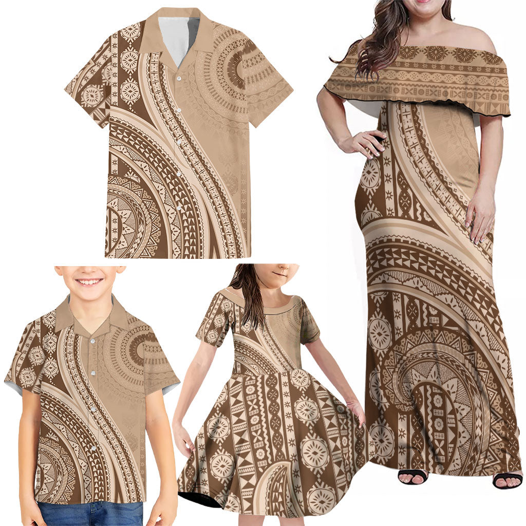 Bula Fiji Vintage Tapa Family Matching Off Shoulder Maxi Dress and Hawaiian Shirt Kaivity Masi Wave Motifs - Mocha LT7 - Polynesian Pride