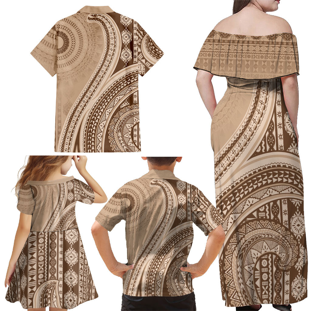 Bula Fiji Vintage Tapa Family Matching Off Shoulder Maxi Dress and Hawaiian Shirt Kaivity Masi Wave Motifs - Mocha LT7 - Polynesian Pride
