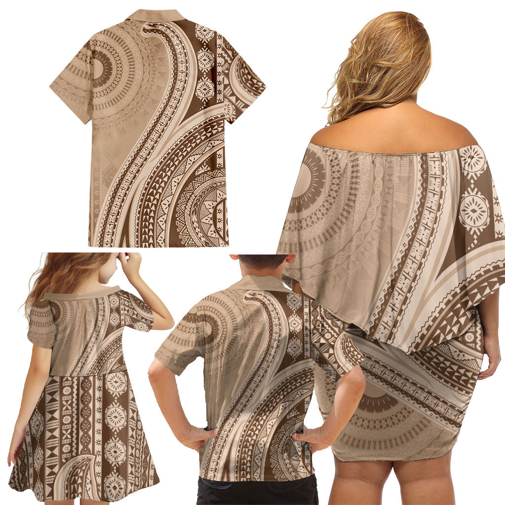 Bula Fiji Vintage Tapa Family Matching Off Shoulder Short Dress and Hawaiian Shirt Kaivity Masi Wave Motifs - Mocha LT7 - Polynesian Pride