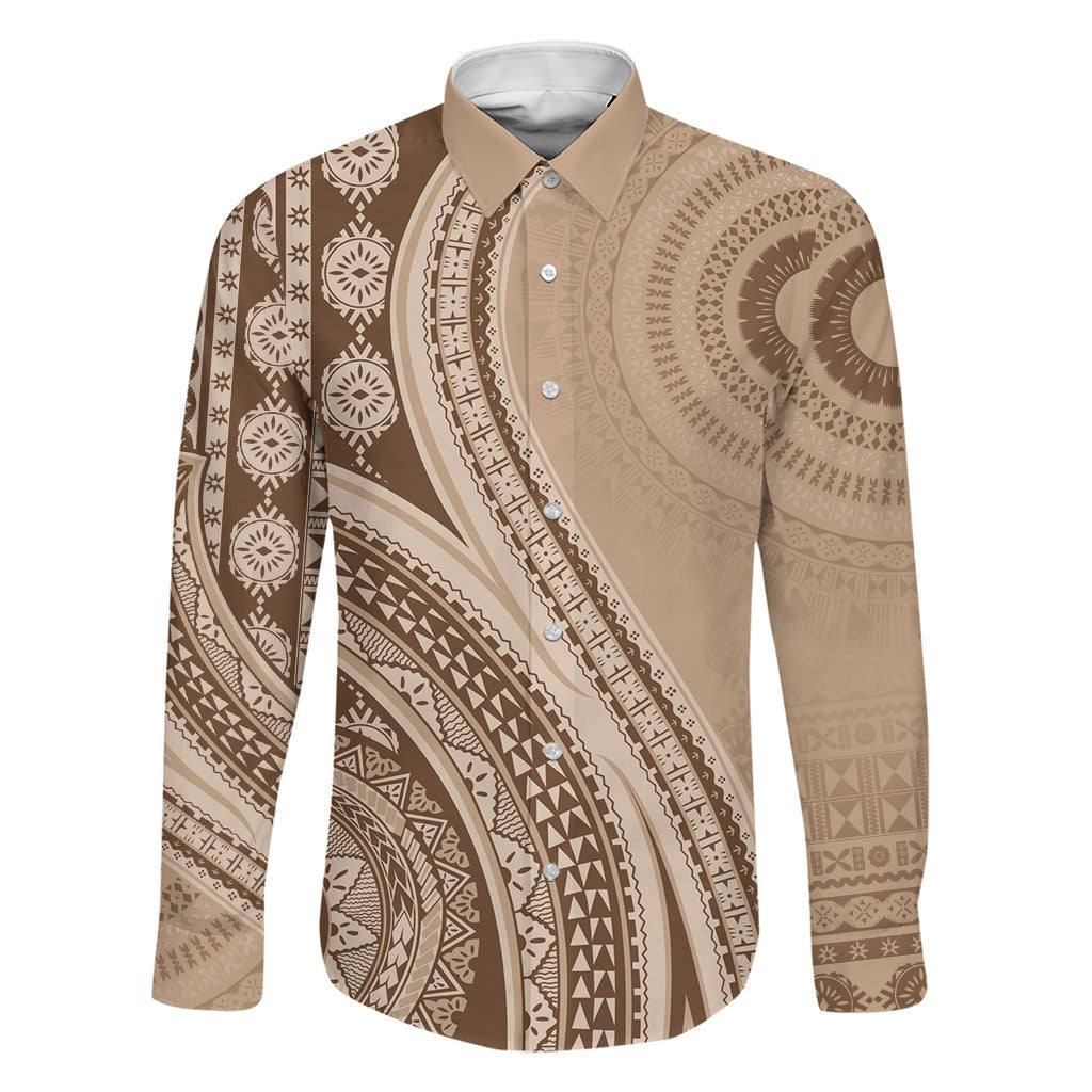 Bula Fiji Vintage Tapa Family Matching Off Shoulder Short Dress and Hawaiian Shirt Kaivity Masi Wave Motifs - Mocha LT7 Dad's Shirt - Long Sleeve Beige - Polynesian Pride