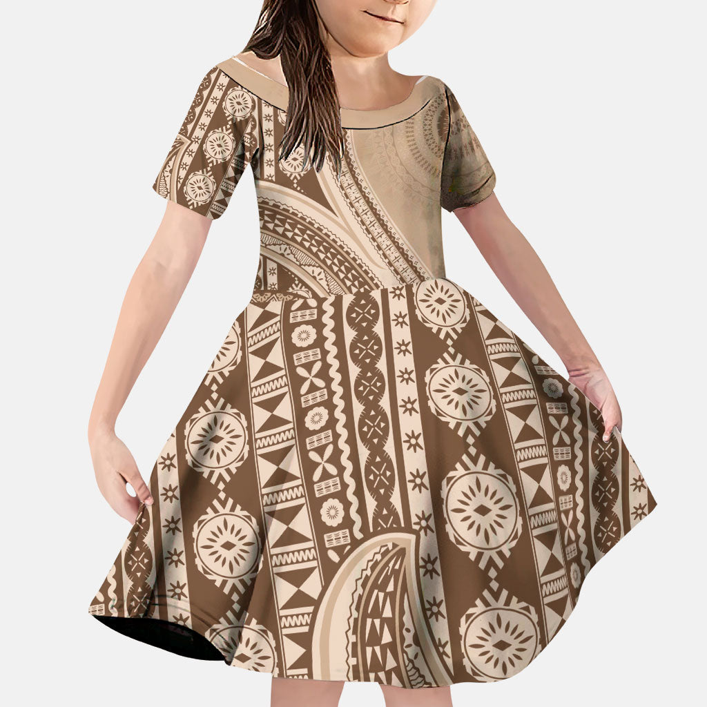 Bula Fiji Vintage Tapa Family Matching Puletasi and Hawaiian Shirt Kaivity Masi Wave Motifs - Mocha LT7 Daughter's Dress Beige - Polynesian Pride