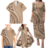 Bula Fiji Vintage Tapa Family Matching Puletasi and Hawaiian Shirt Kaivity Masi Wave Motifs - Mocha LT7 - Polynesian Pride