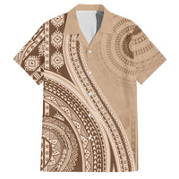 Bula Fiji Vintage Tapa Family Matching Puletasi and Hawaiian Shirt Kaivity Masi Wave Motifs - Mocha LT7 Dad's Shirt - Short Sleeve Beige - Polynesian Pride