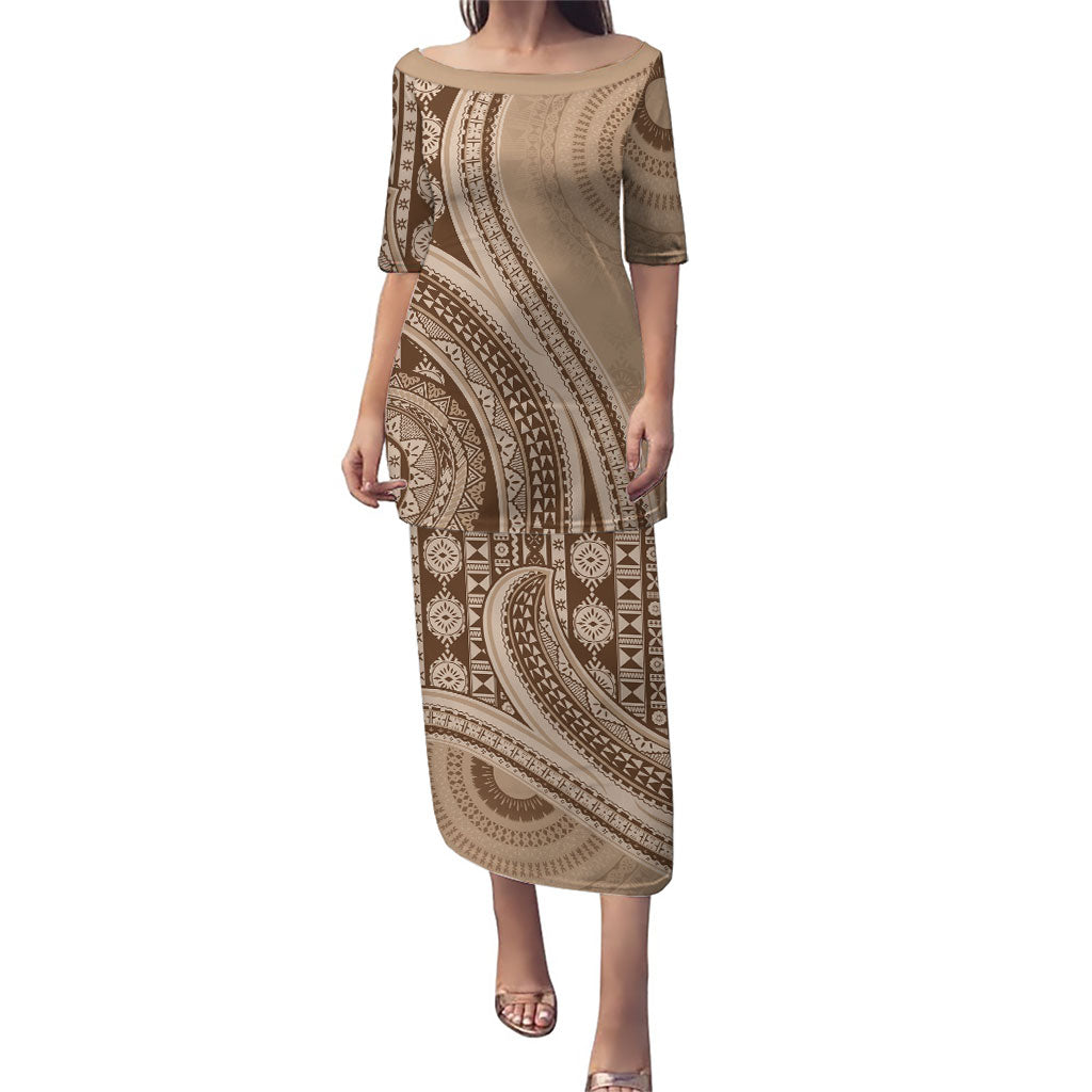 Bula Fiji Vintage Tapa Family Matching Puletasi and Hawaiian Shirt Kaivity Masi Wave Motifs - Mocha LT7 Mom's Dress Beige - Polynesian Pride