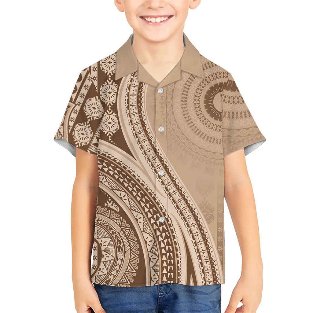 Bula Fiji Vintage Tapa Family Matching Puletasi and Hawaiian Shirt Kaivity Masi Wave Motifs - Mocha LT7 Son's Shirt Beige - Polynesian Pride
