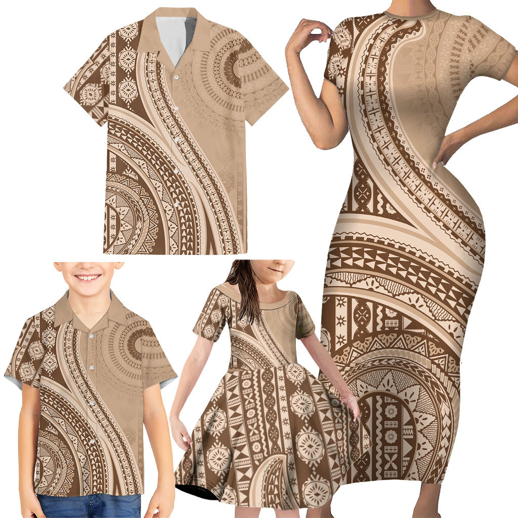 Bula Fiji Vintage Tapa Family Matching Short Sleeve Bodycon Dress and Hawaiian Shirt Kaivity Masi Wave Motifs - Mocha LT7 - Polynesian Pride