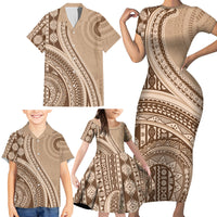 Bula Fiji Vintage Tapa Family Matching Short Sleeve Bodycon Dress and Hawaiian Shirt Kaivity Masi Wave Motifs - Mocha LT7 - Polynesian Pride