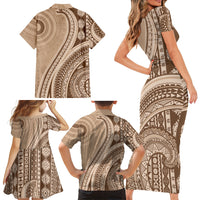 Bula Fiji Vintage Tapa Family Matching Short Sleeve Bodycon Dress and Hawaiian Shirt Kaivity Masi Wave Motifs - Mocha LT7 - Polynesian Pride