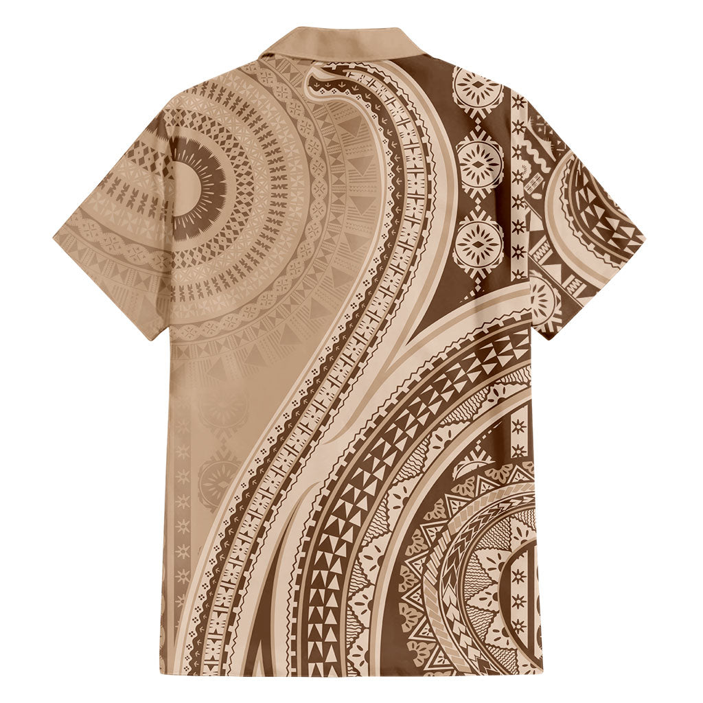 Bula Fiji Vintage Tapa Family Matching Short Sleeve Bodycon Dress and Hawaiian Shirt Kaivity Masi Wave Motifs - Mocha LT7 - Polynesian Pride
