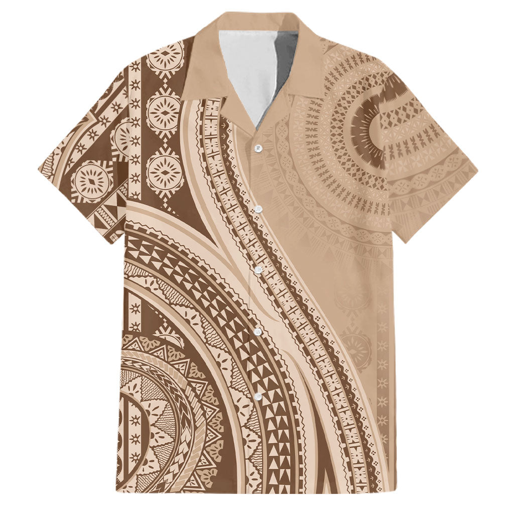 Bula Fiji Vintage Tapa Family Matching Summer Maxi Dress and Hawaiian Shirt Kaivity Masi Wave Motifs - Mocha LT7 Dad's Shirt - Short Sleeve Beige - Polynesian Pride