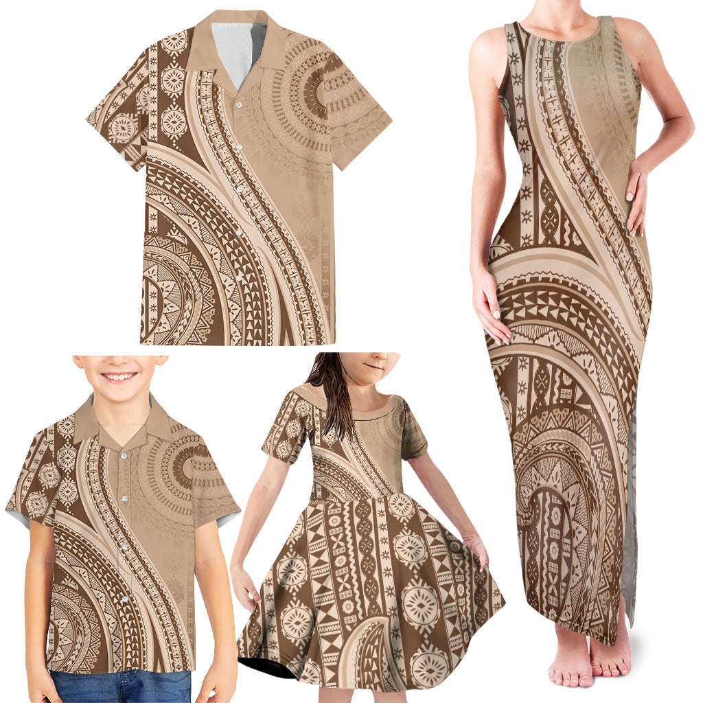 Bula Fiji Vintage Tapa Family Matching Tank Maxi Dress and Hawaiian Shirt Kaivity Masi Wave Motifs - Mocha LT7 - Polynesian Pride