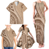 Bula Fiji Vintage Tapa Family Matching Tank Maxi Dress and Hawaiian Shirt Kaivity Masi Wave Motifs - Mocha LT7 - Polynesian Pride