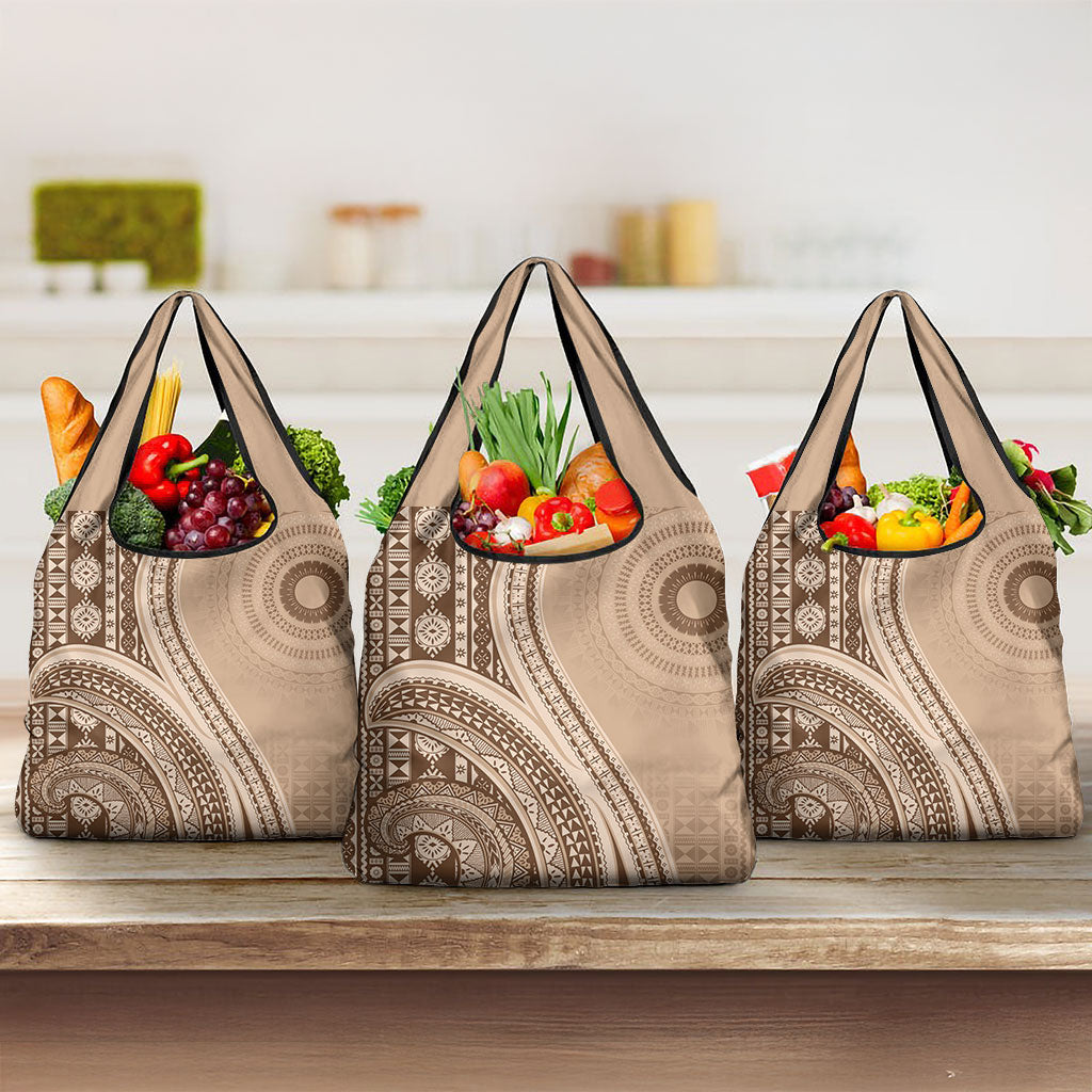 Bula Fiji Vintage Tapa Grocery Bag Kaivity Masi Wave Motifs - Mocha