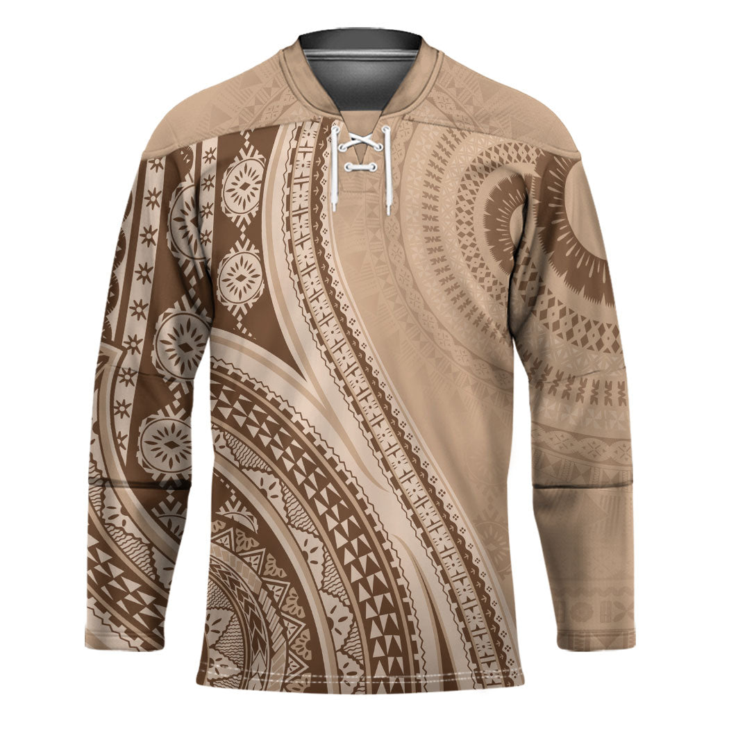 Bula Fiji Vintage Tapa Hockey Jersey Kaivity Masi Wave Motifs - Mocha
