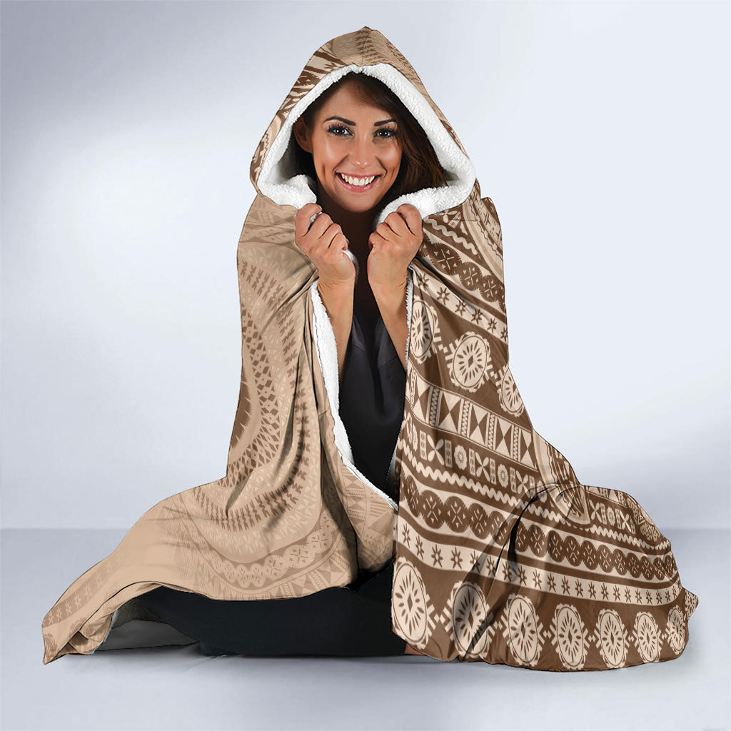 Bula Fiji Vintage Tapa Hooded Blanket Kaivity Masi Wave Motifs - Mocha