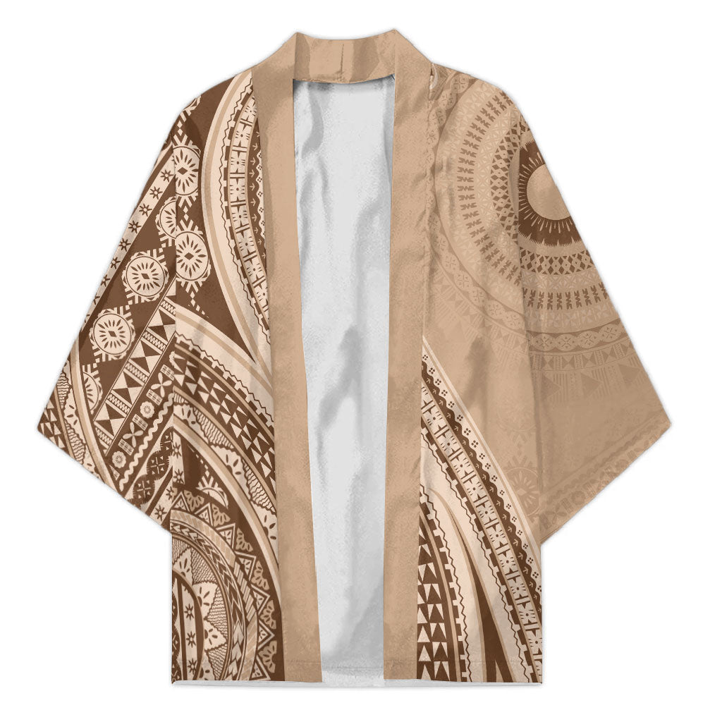 Bula Fiji Vintage Tapa Kimono Kaivity Masi Wave Motifs - Mocha