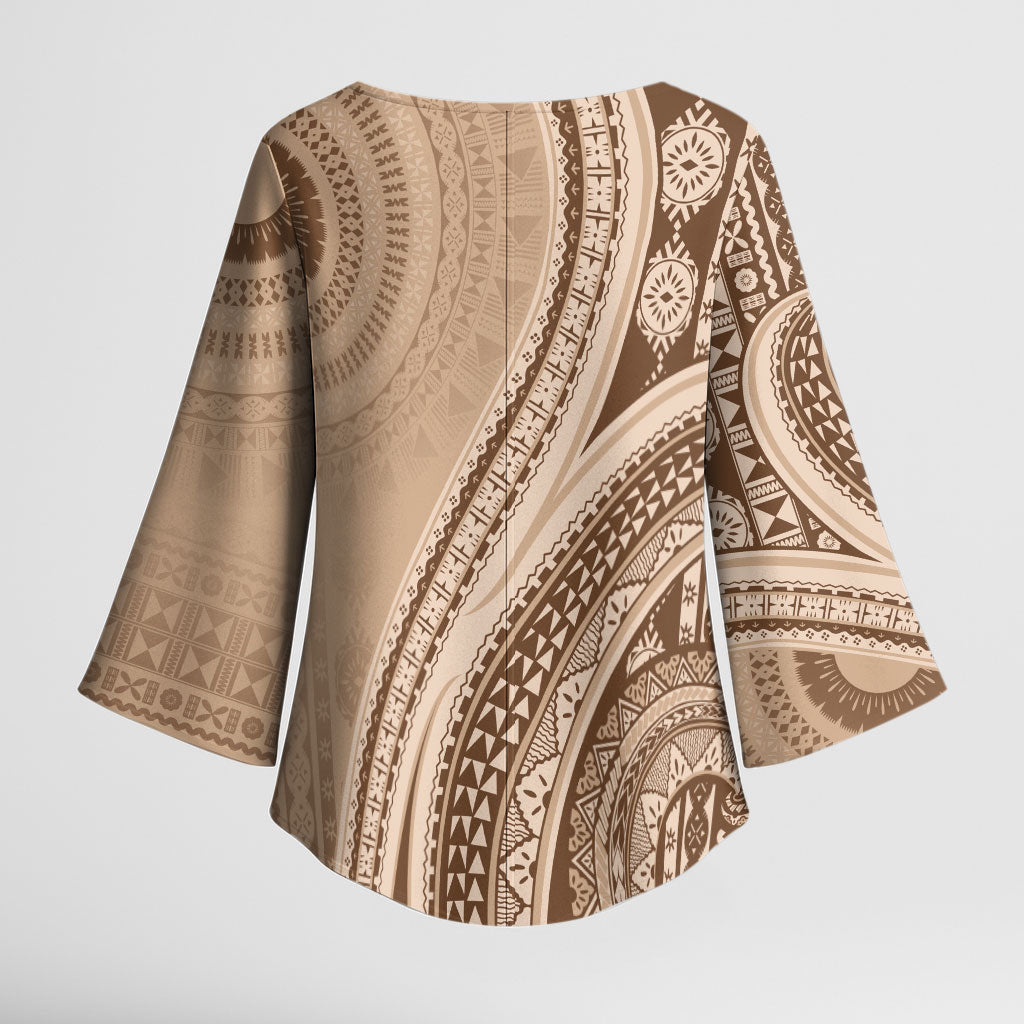 Bula Fiji Vintage Tapa Kimono Sleeve Blouse Kaivity Masi Wave Motifs - Mocha