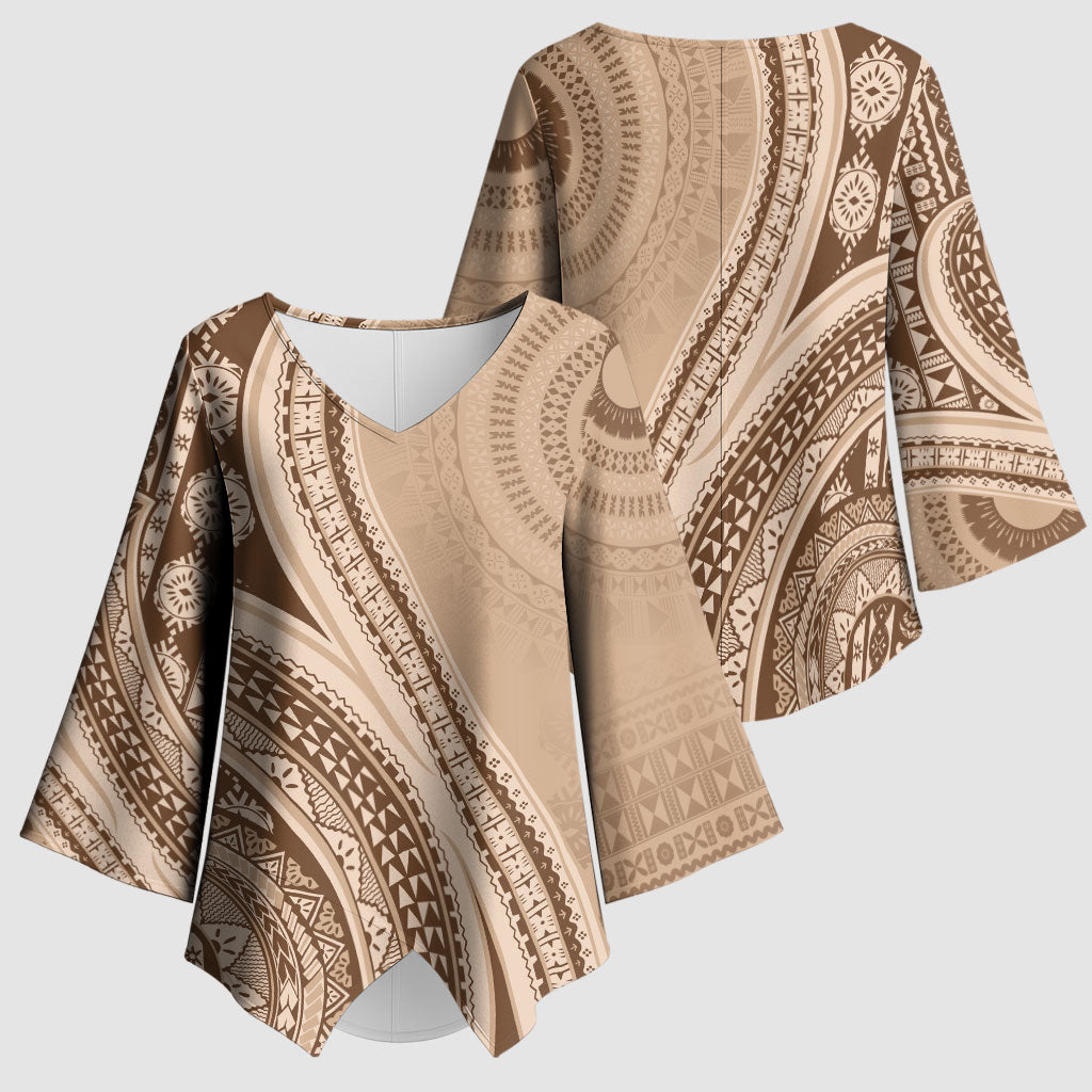 Bula Fiji Vintage Tapa Kimono Sleeve Blouse Kaivity Masi Wave Motifs - Mocha