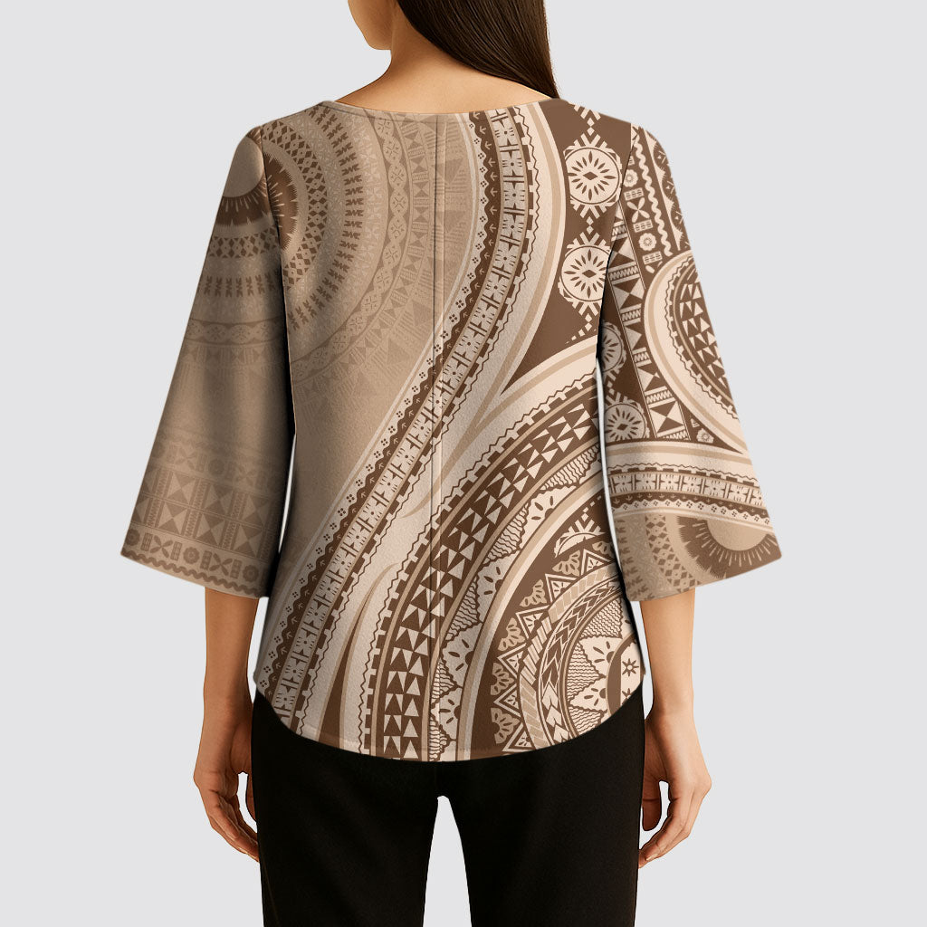 Bula Fiji Vintage Tapa Kimono Sleeve Blouse Kaivity Masi Wave Motifs - Mocha