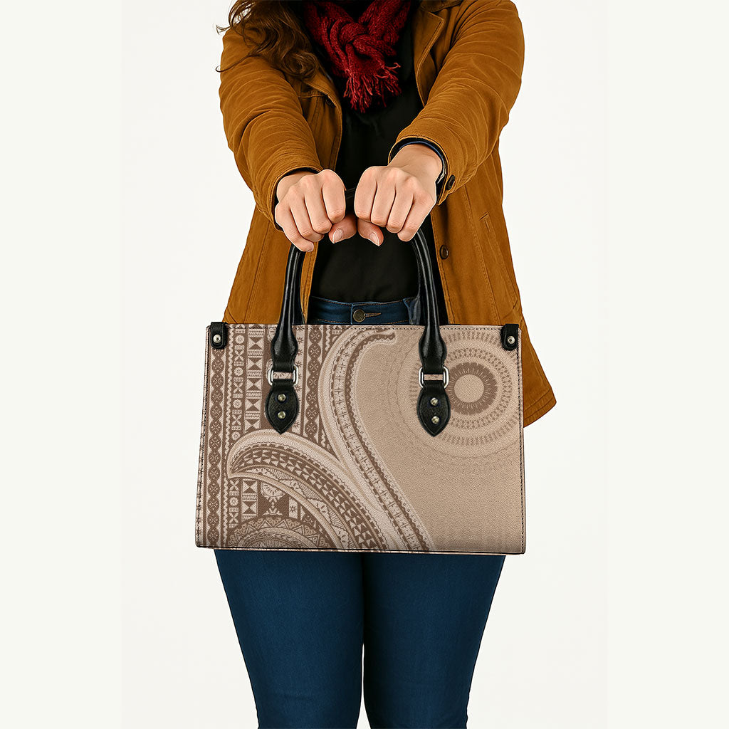 Bula Fiji Vintage Tapa Leather Bag Kaivity Masi Wave Motifs - Mocha