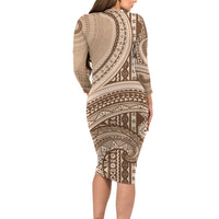 Bula Fiji Vintage Tapa Long Sleeve Bodycon Dress Kaivity Masi Wave Motifs - Mocha