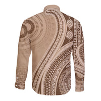 Bula Fiji Vintage Tapa Long Sleeve Button Shirt Kaivity Masi Wave Motifs - Mocha