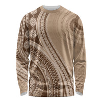 Bula Fiji Vintage Tapa Long Sleeve Shirt Kaivity Masi Wave Motifs - Mocha