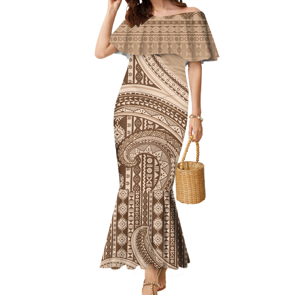 Bula Fiji Vintage Tapa Mermaid Dress Kaivity Masi Wave Motifs - Mocha
