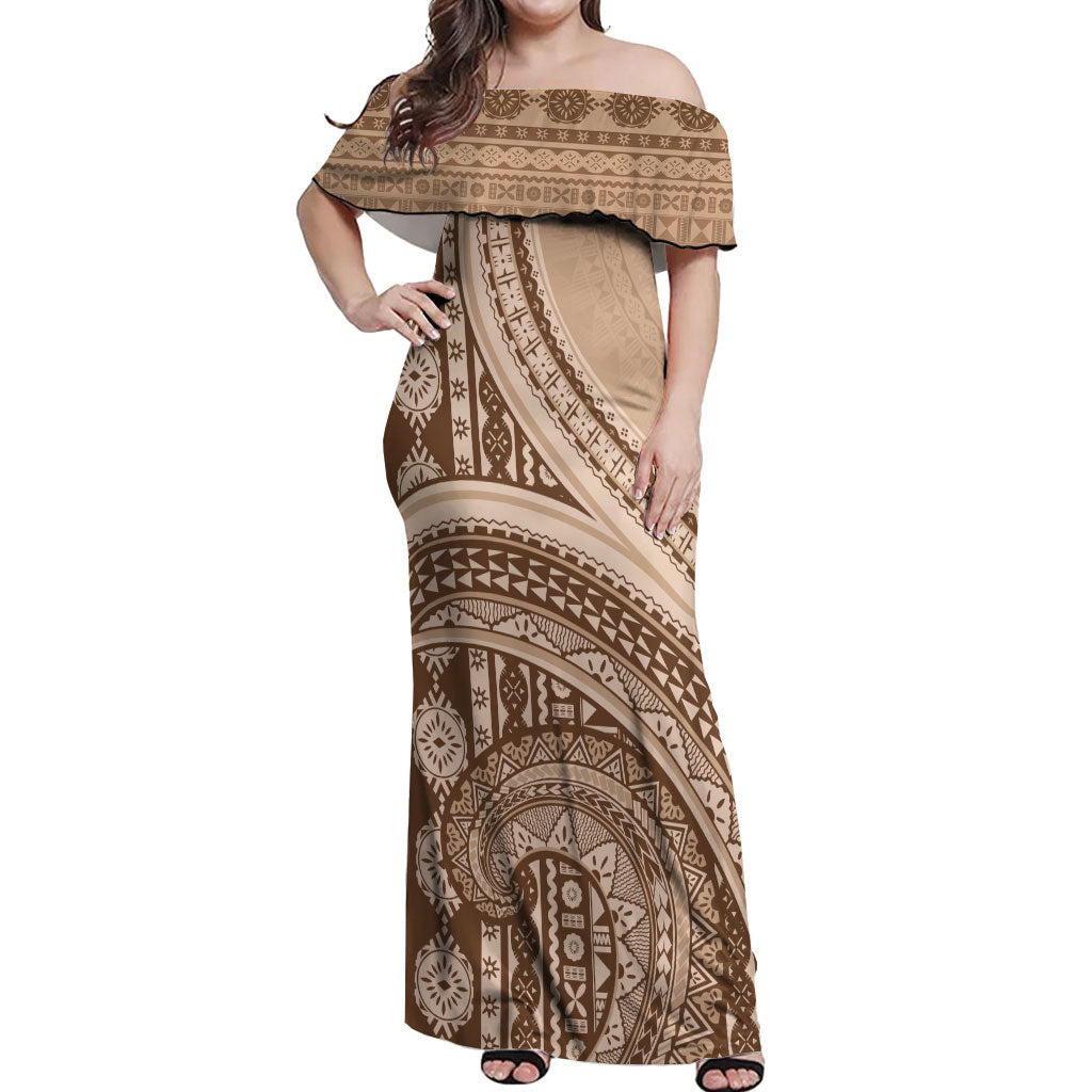 Bula Fiji Vintage Tapa Off Shoulder Maxi Dress Kaivity Masi Wave Motifs - Mocha
