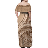 Bula Fiji Vintage Tapa Off Shoulder Maxi Dress Kaivity Masi Wave Motifs - Mocha