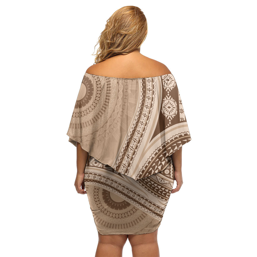 Bula Fiji Vintage Tapa Off Shoulder Short Dress Kaivity Masi Wave Motifs - Mocha