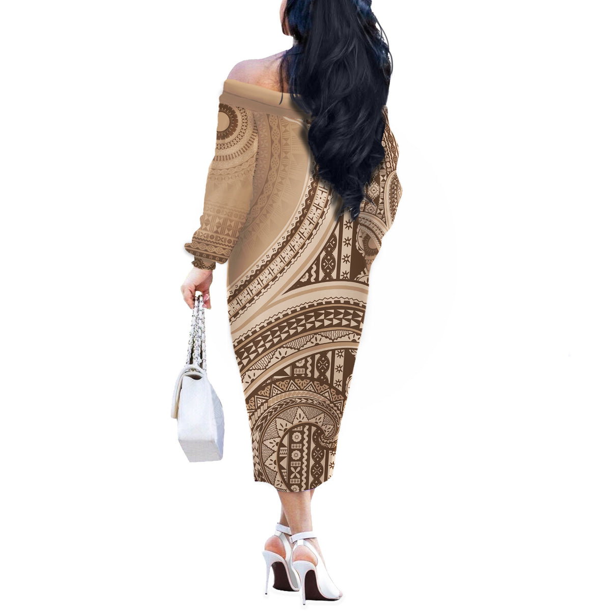 Bula Fiji Vintage Tapa Off The Shoulder Long Sleeve Dress Kaivity Masi Wave Motifs - Mocha