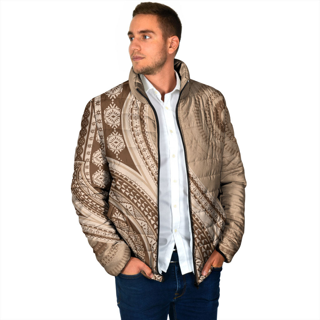 Bula Fiji Vintage Tapa Padded Jacket Kaivity Masi Wave Motifs - Mocha