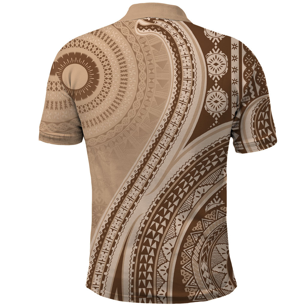 Bula Fiji Vintage Tapa Polo Shirt Kaivity Masi Wave Motifs - Mocha