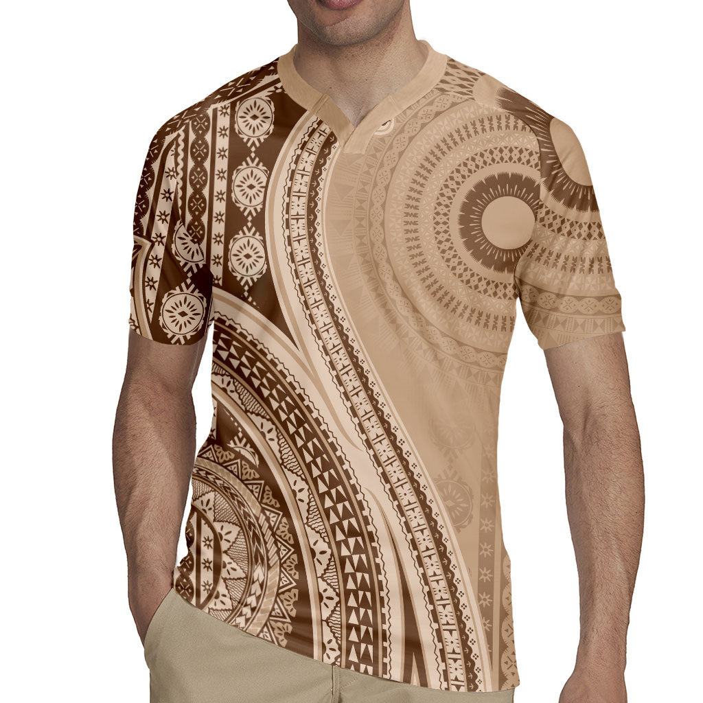 Bula Fiji Vintage Tapa Rugby Jersey Kaivity Masi Wave Motifs - Mocha