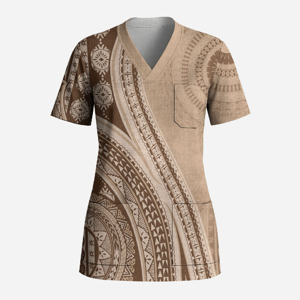 Bula Fiji Vintage Tapa Scrub Top Kaivity Masi Wave Motifs - Mocha