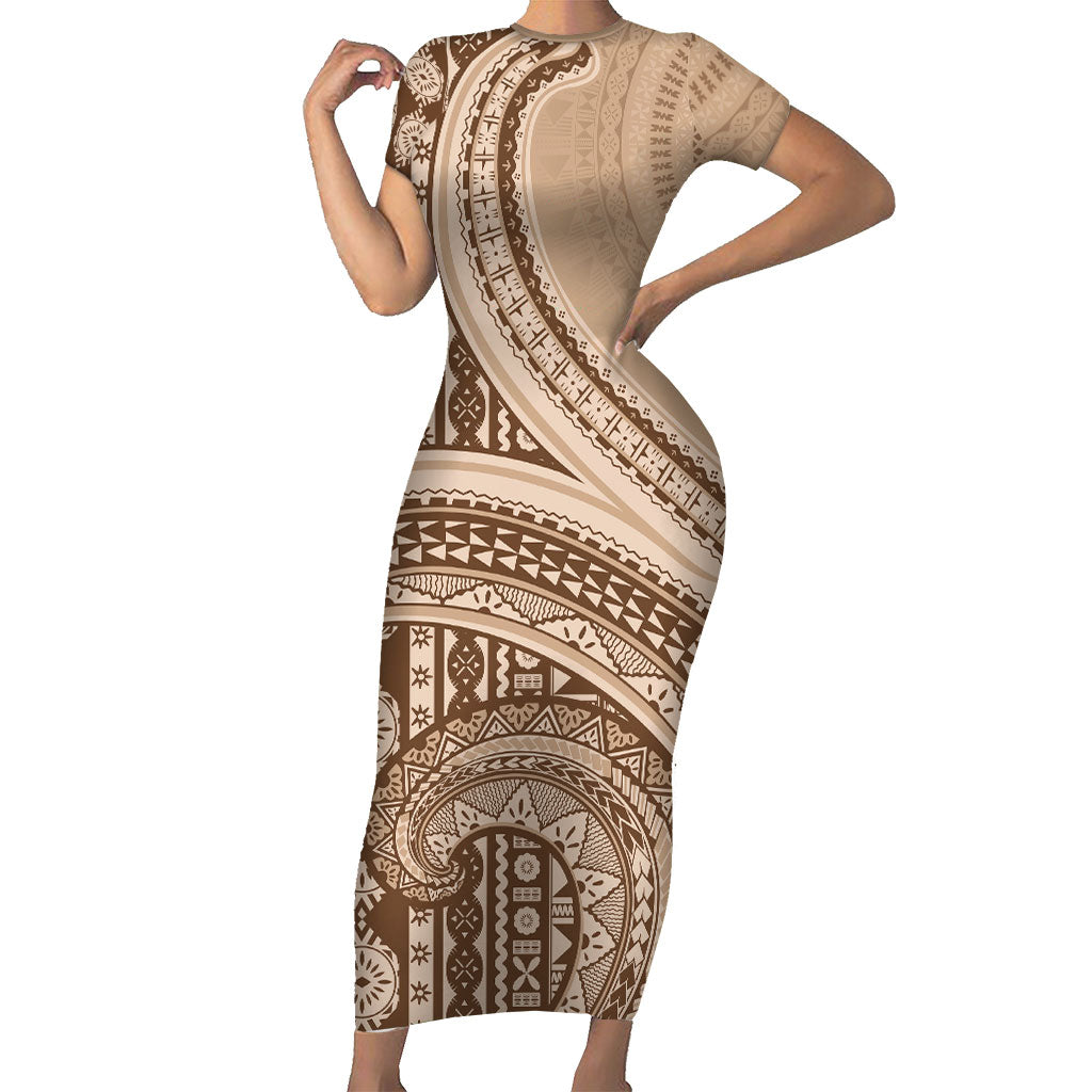Bula Fiji Vintage Tapa Short Sleeve Bodycon Dress Kaivity Masi Wave Motifs - Mocha