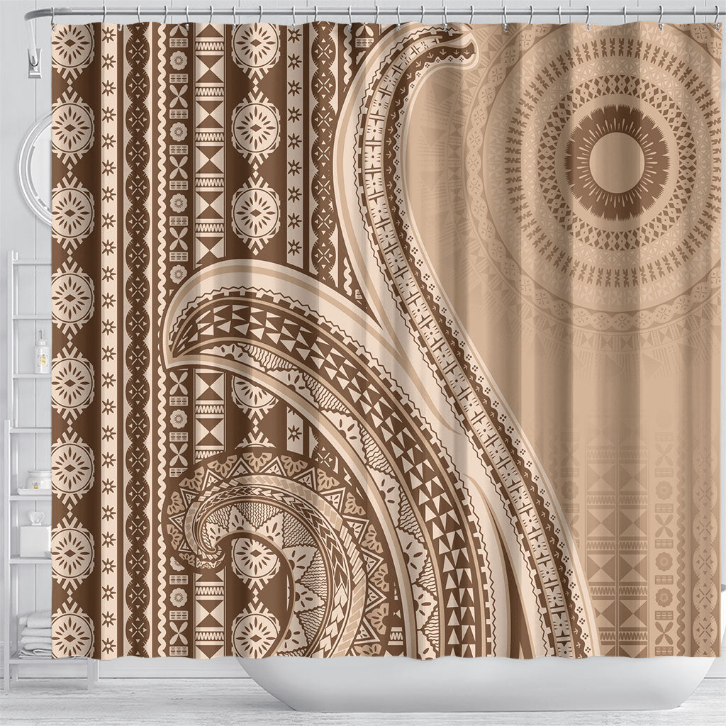 Bula Fiji Vintage Tapa Shower Curtain Kaivity Masi Wave Motifs - Mocha