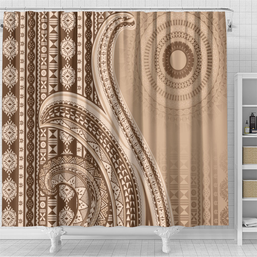 Bula Fiji Vintage Tapa Shower Curtain Kaivity Masi Wave Motifs - Mocha