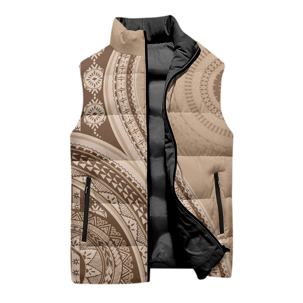Bula Fiji Vintage Tapa Sleeveless Puffer Jacket Kaivity Masi Wave Motifs - Mocha