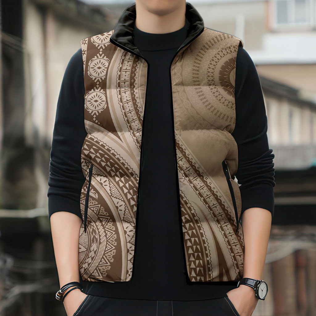 Bula Fiji Vintage Tapa Sleeveless Puffer Jacket Kaivity Masi Wave Motifs - Mocha
