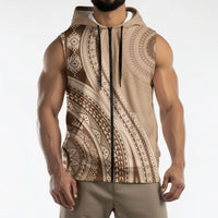 Bula Fiji Vintage Tapa Sleeveless Zip Hoodie Kaivity Masi Wave Motifs - Mocha